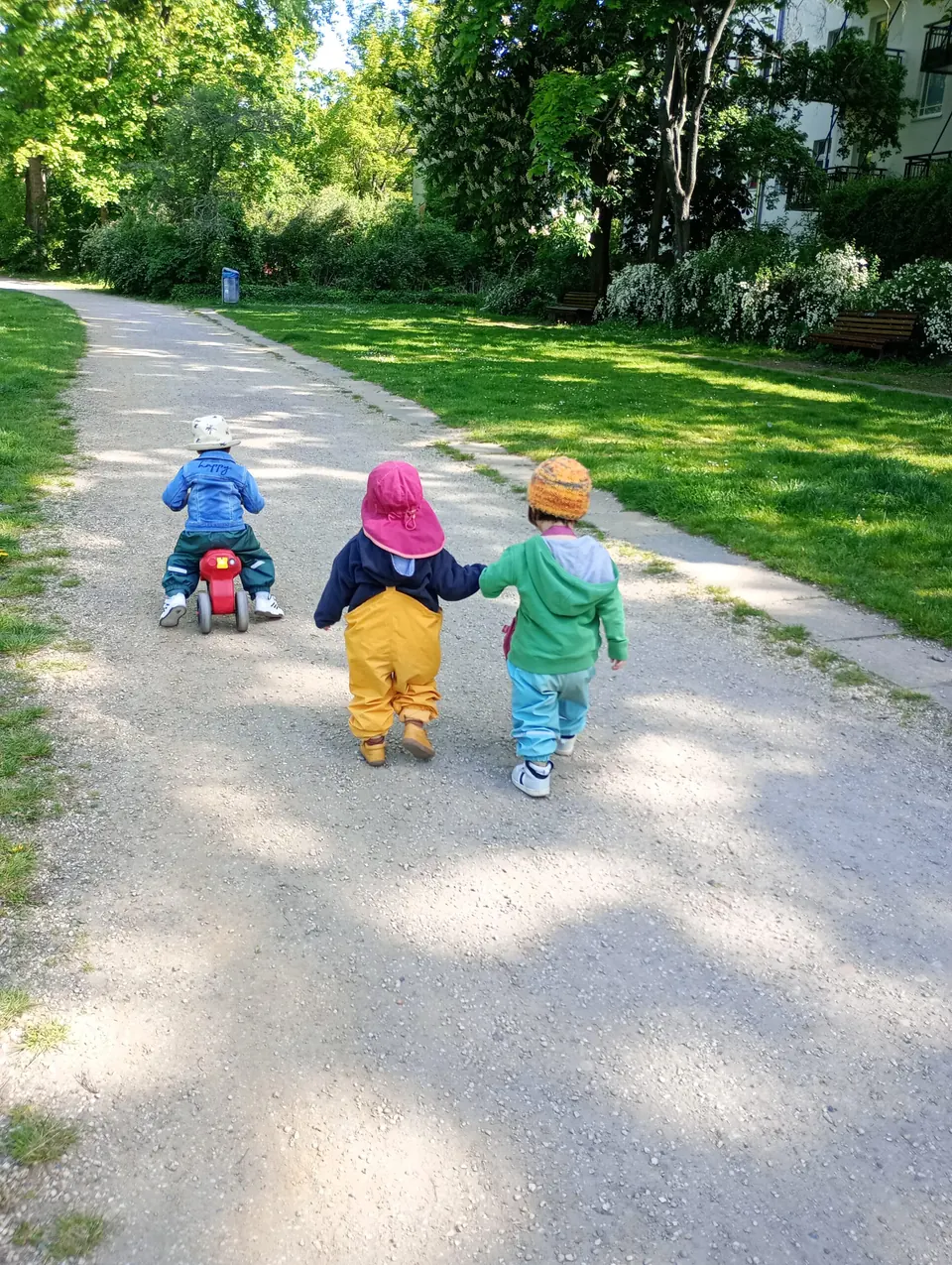 Drei Kinder in Warnwesten und bunter Kleidung gehen einen sonnigen Parkweg entlang
